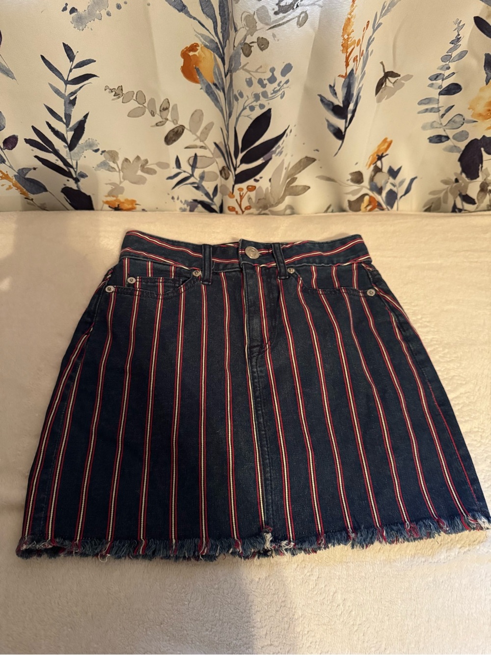 American Eagle Outfitters Navy Denim Mini Skirt with Red Pinstripes